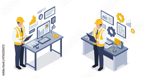 Isometric engineers analyzing data with digital tools in modern office environment