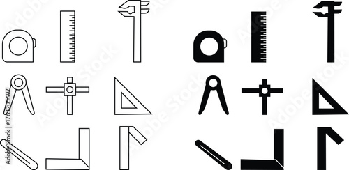 Measuring Tool Icon set, Ruler, Scale, Tape Measure, Caliper, Compass, Measurement Equipment, Engineering, Construction, and Precision Instrument Symbols in Modern Vector Style, used for mobile apps,