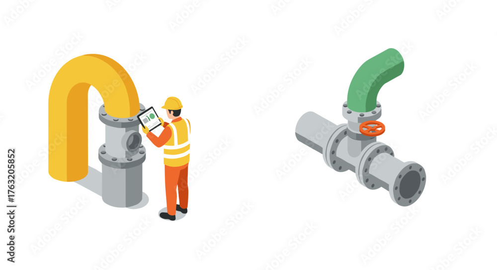 Fototapeta premium Isometric industrial worker inspecting pipes in safety gear