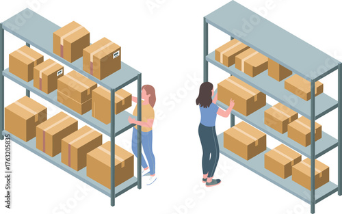 Isometric warehouse illustration with women organizing boxes on shelves, logistics and storage management, inventory control concept, distribution center efficiency