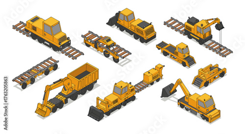 Isometric construction and railway equipment set featuring industrial vehicles and machinery