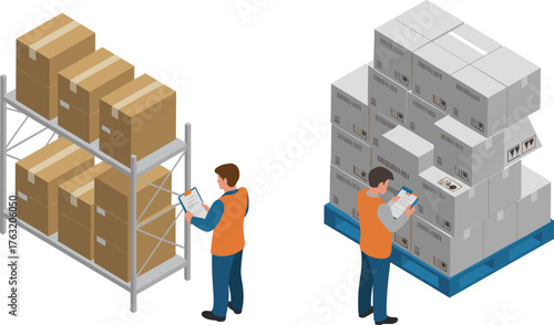 Isometric warehouse illustration with workers checking inventory, boxes on shelves, logistics management, storage organization, and delivery package control system