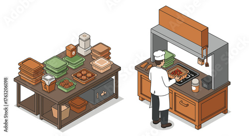 Chef cooking meal in isometric kitchen with containers and ingredients