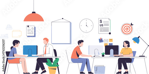 Modern office interior with diverse employees working at computers, teamwork collaboration, business workspace design, digital communication and corporate productivity concept