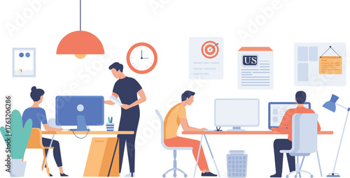 Fototapete Modern office interior with diverse employees working at computers, teamwork col