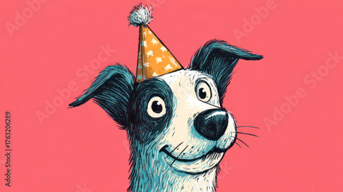 Cartoon-style dog wearing a party hat on a coral background, whimsical illustration