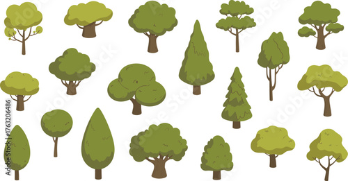 Set of isometric trees illustration with various green shapes, cartoon style forest elements, nature landscape design and environment concept