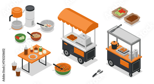 Isometric street food scene with carts, dishes, and cooking equipment