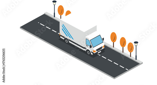 Isometric delivery truck on road with autumn trees and streetlights