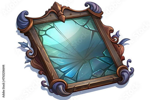 Broken mirror frame without glass, believed to trap lost souls of reflection, white isolated background
