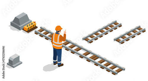 Isometric construction worker planning railway tracks on site