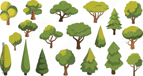 Set of isometric trees illustration with various green shapes, cartoon style forest elements, nature landscape design and environment concept