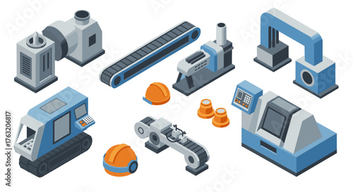 Isometric industrial machinery set with conveyor belts and safety helmets