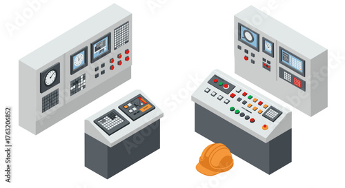 Industrial control room equipment with hard hat in isometric design