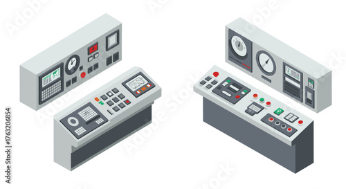 Isometric control panels with buttons and dials for industrial and technological settings