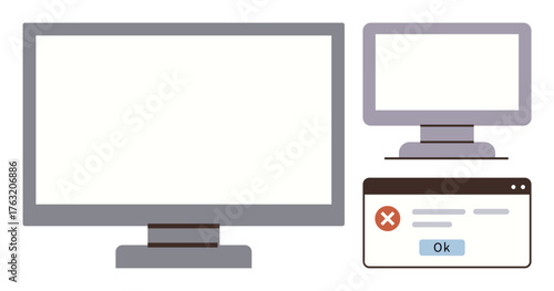 Two desktop monitors and a pop-up error message explain technological issues or digital breakdowns. Ideal for technology, troubleshooting, IT support, system failure, notification, digital interface