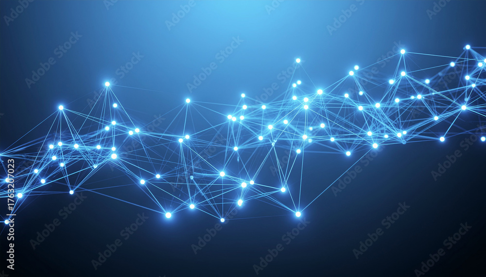 Obraz premium Digital neural network with glowing blue nodes and connecting lines on a dark background. Abstract visualization of AI, data flow, and complex system connectivity.