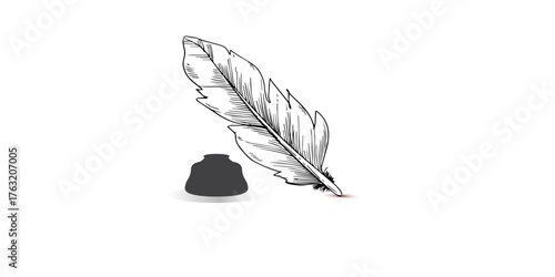 Black antique quill pen and inkwell on an isolated white background for writing and literature.