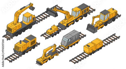 Isometric construction trains on railway tracks for industrial projects