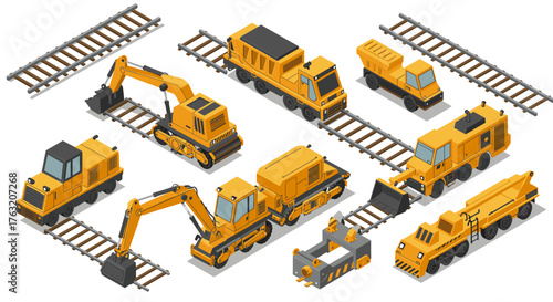Isometric construction and maintenance vehicles on railway tracks