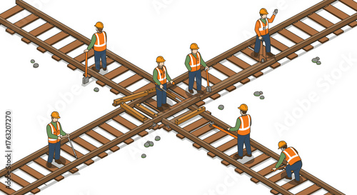 Isometric railway workers on crossed tracks maintaining infrastructure