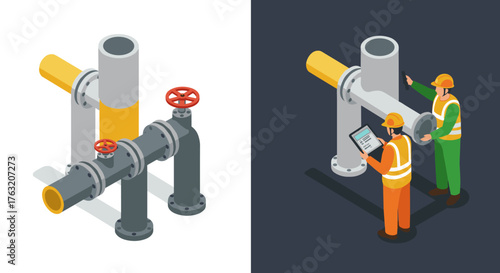Workers inspecting industrial pipelines in isometric style