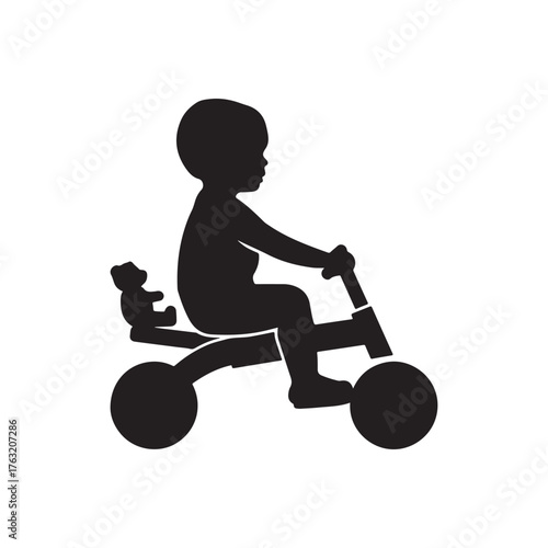 toddler riding a small tricycle with a teddy bear vector silhouette illustration.