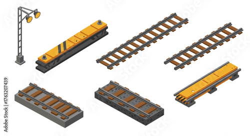 Isometric train tracks and railway elements in a modern design