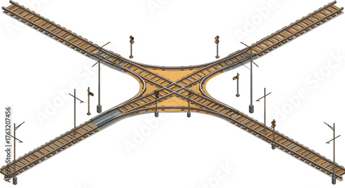 Isometric railroad intersection with signals and tracks in cross layout