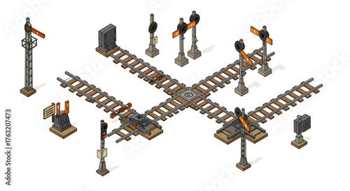 Isometric railway crossing with signals and tracks on white background
