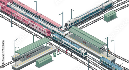Isometric modern train station with crossing railway tracks and colorful trains
