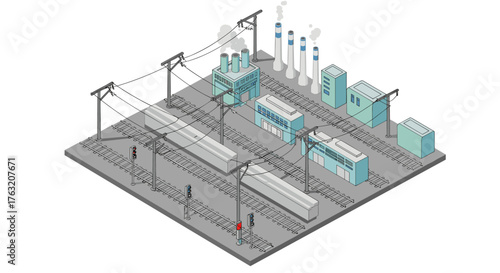 Industrial rail transport hub with factories and power lines in isometric view