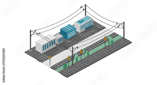 Isometric city tramway with tracks, buildings, and traffic lights