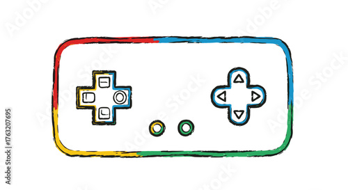 vector illustration of a game console symbol drawn with colorful crayon texture, simple hand-drawn childish style, rough crayon strokes, vibrant colors, isolated on white background, minimal and cute 