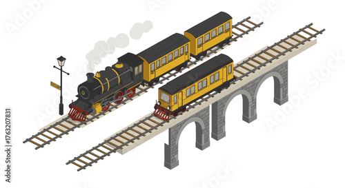 Isometric steam train on elevated brick bridge with smoke and lamps
