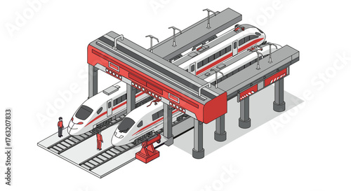 Isometric design of modern high speed train station with trains on tracks and waiting passengers