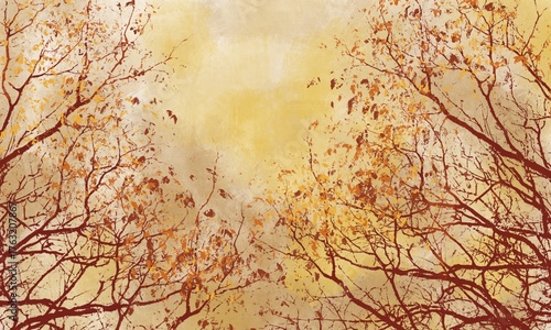 Abstract wallpaper with autumn trees on a yellow sunset background
