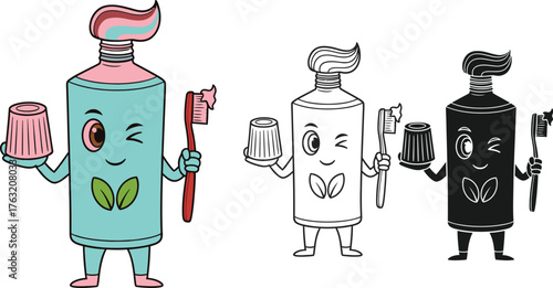 Cute toothpaste and toothbrush character vector illustration