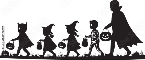 Halloween Trick-or-Treat Silhouette Children in Costumes with Candy Bags Walking Past a Spooky Cemetery Landscape