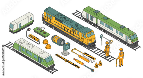 Isometric train set with railway tracks and construction equipment in flat design