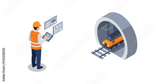 Isometric tunnel construction with engineer monitoring and rail transport