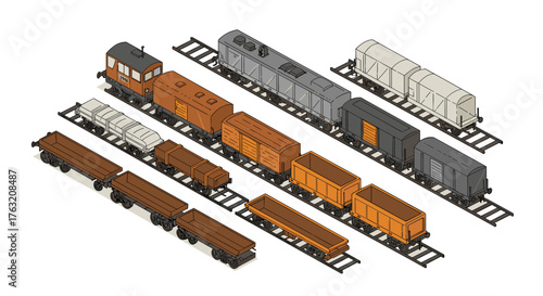 Isometric cargo trains set on tracks displaying diverse freight cars and locomotives