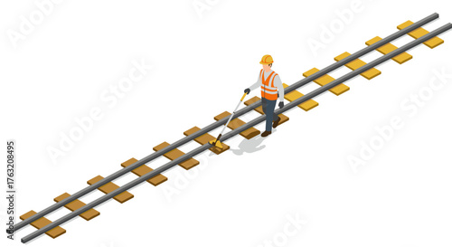 Railway maintenance worker in safety gear inspecting tracks with equipment in isometric design