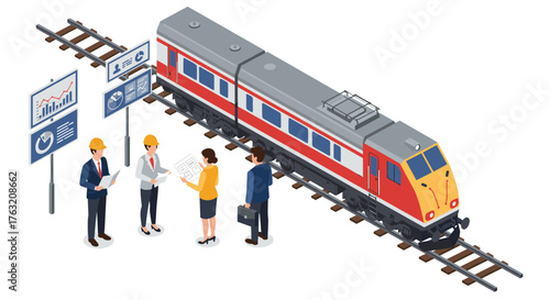 Isometric train team meeting at railway with engineers analyzing data