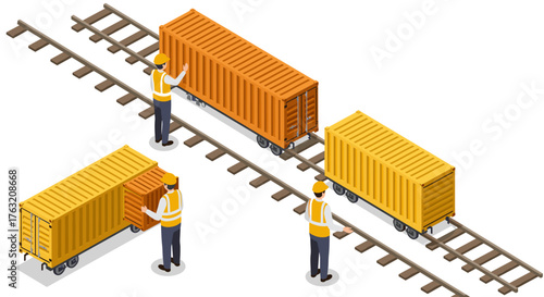 Isometric workers managing freight trains on railway tracks