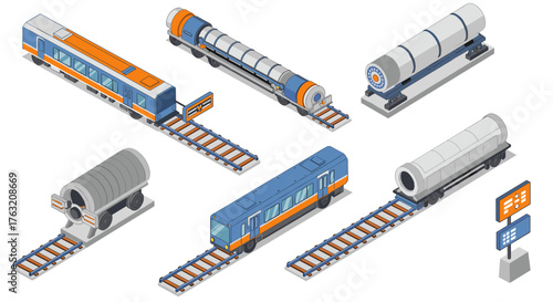 Isometric modern train transportation set with rail tracks and freight containers