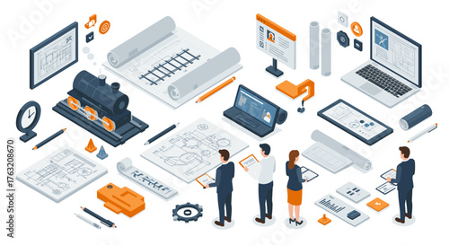 Isometric engineering and technology workspace with blueprint designs and people