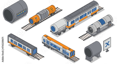 Isometric urban tube transport system components and train illustrations
