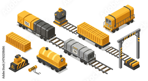 Isometric train set with tracks and cargo in yellow and gray tones