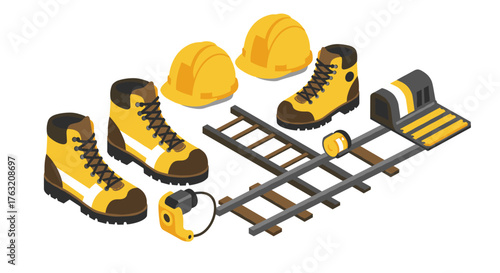 Construction safety equipment isometric set with hard hats, boots, railway tools, and helmet